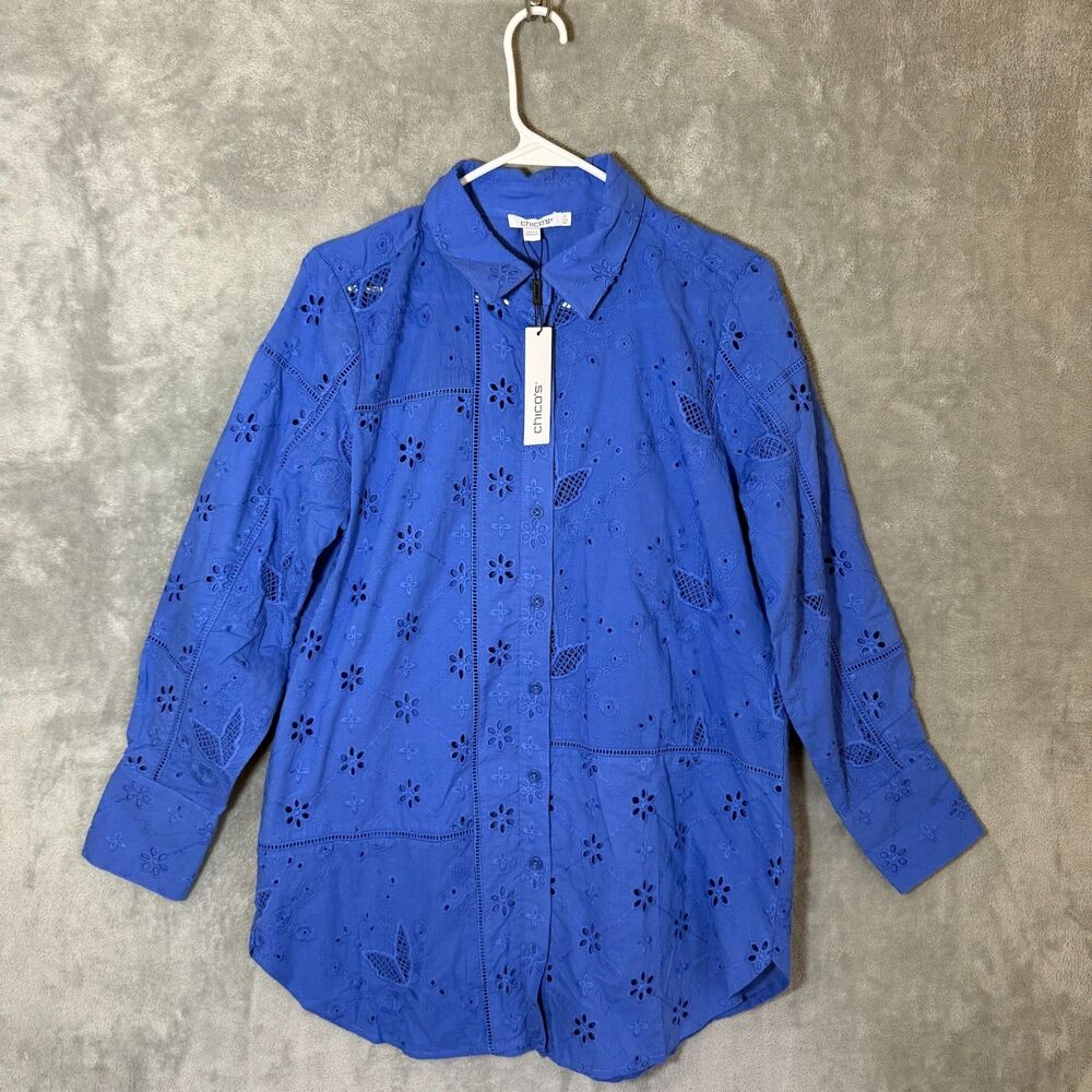 NWT Chico's Women's Size 4 US 22/24 Top Cobalt Blue Eyelet Blouse Button Uo